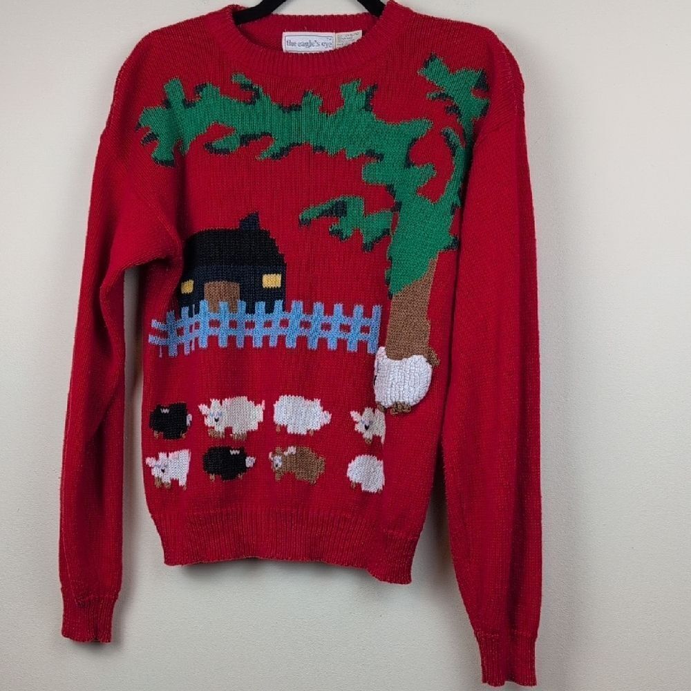 The Eagle's Eye Red Crew Neck Sweater Sheep Farmhouse Design Size M Vintage